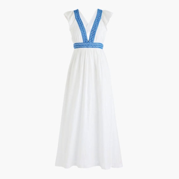 JCREW WOMENS MAXI LENGTH LINEN COTTON BLEND PLUNGE V NECK DRESS WHITE BLUE LARGE - Picture 4 of 10